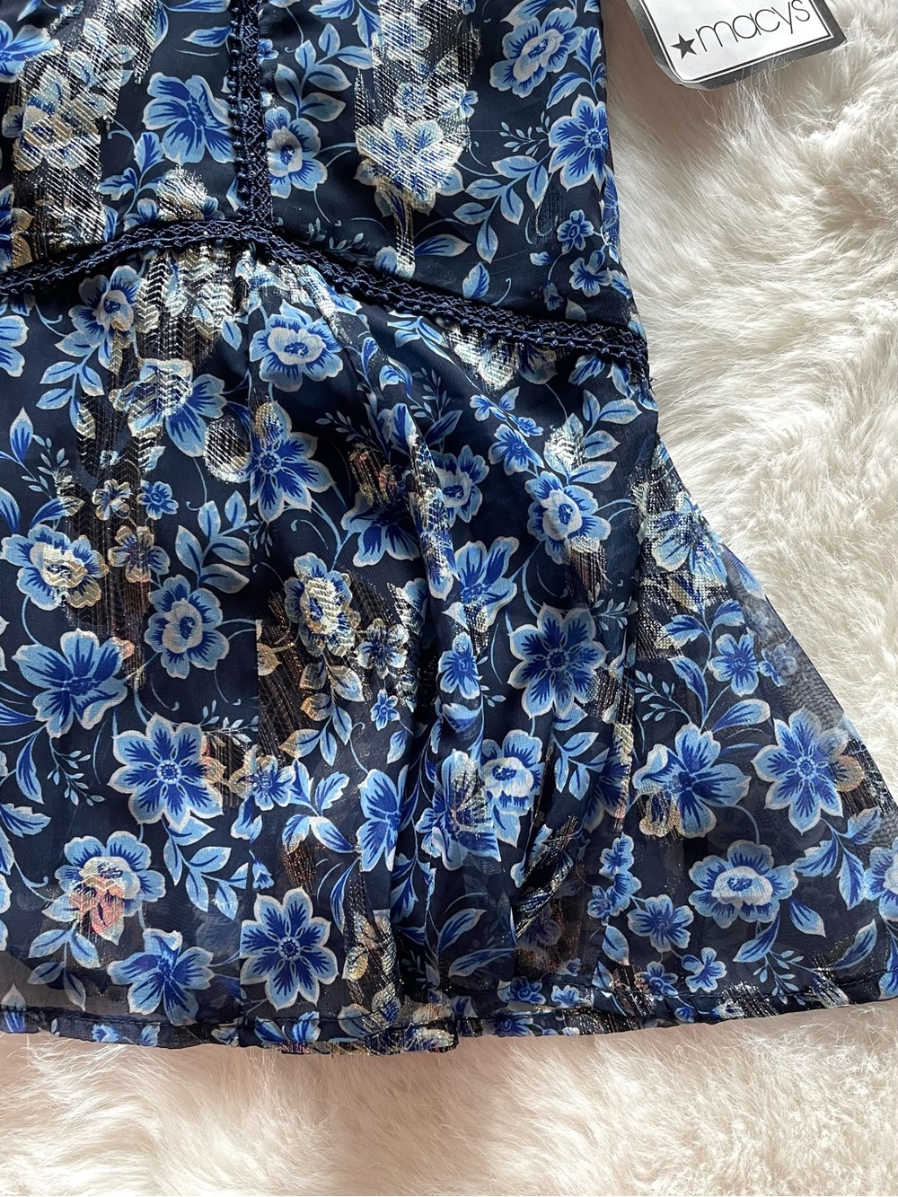 NWT Eliza J. Navy Blue & Silver Floral Ruffled Long Puff Sleeve Dress - Picture 16 of 16